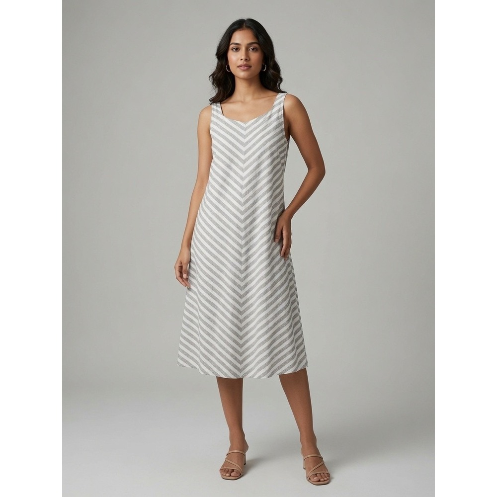 J.Jill Love Linen Chevron Stripe Sleeveless Midi Dress Tan White Petite Small